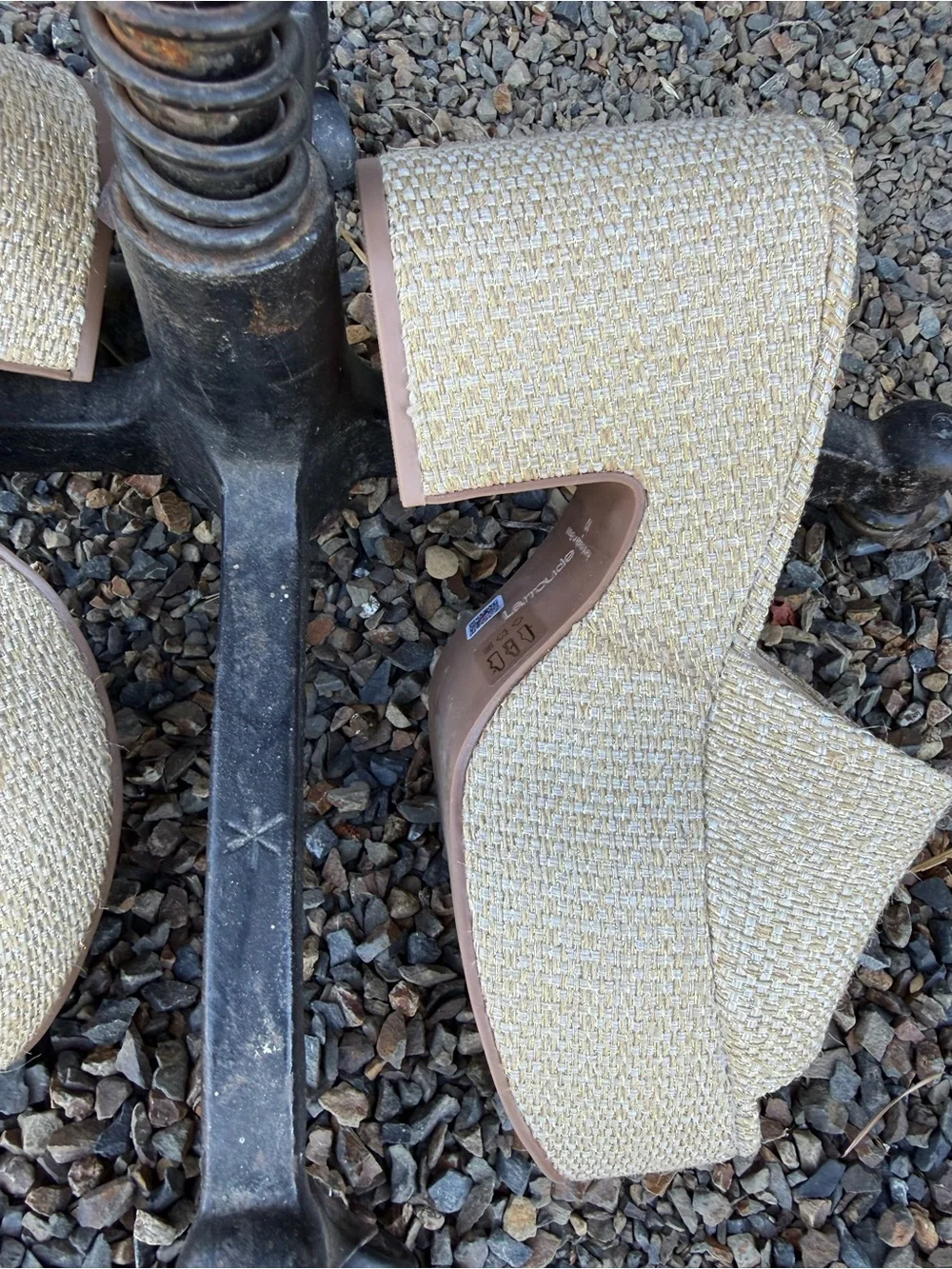 Larroude Beige Woven Platform Metallic Mules